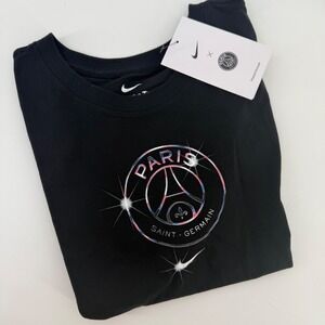 Nike Kids Paris Saint Germain PSG Soccer T Shirt Black Logo Graphic Tee Size L